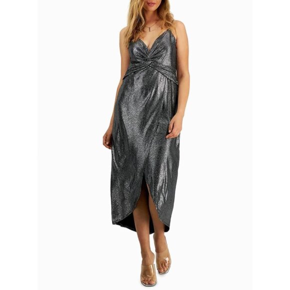 NWT Bar III Silver Metallic Faux Wrap Dress Flowy V-Neck Cocktail Party Dress - Picture 4 of 14